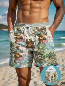 Shorts d'été pour hommes avec motif imprimé, taille à cordon de serrage, poches latérales, séchage rapide à double couche et doublure en maille. Motif flamant rose et palmier 3D, décontractée pour la plage, les vacances et les loisirs - Multicolore - Voir 1