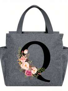 1pc Elegant Floral & Letter Tote Bag - Insulated Lunch Bag, Made Of Durable Polyester, Grey With Pink Flowers & Green Leaves, Suitable For Office, School And Outdoor Picnic