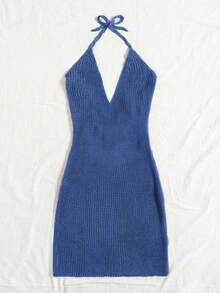 Women's Sexy Backless Knit Halter Crop Top And Bodycon Mini Dress, Cooling And Alluring Summer Outfit - Blue - View 5