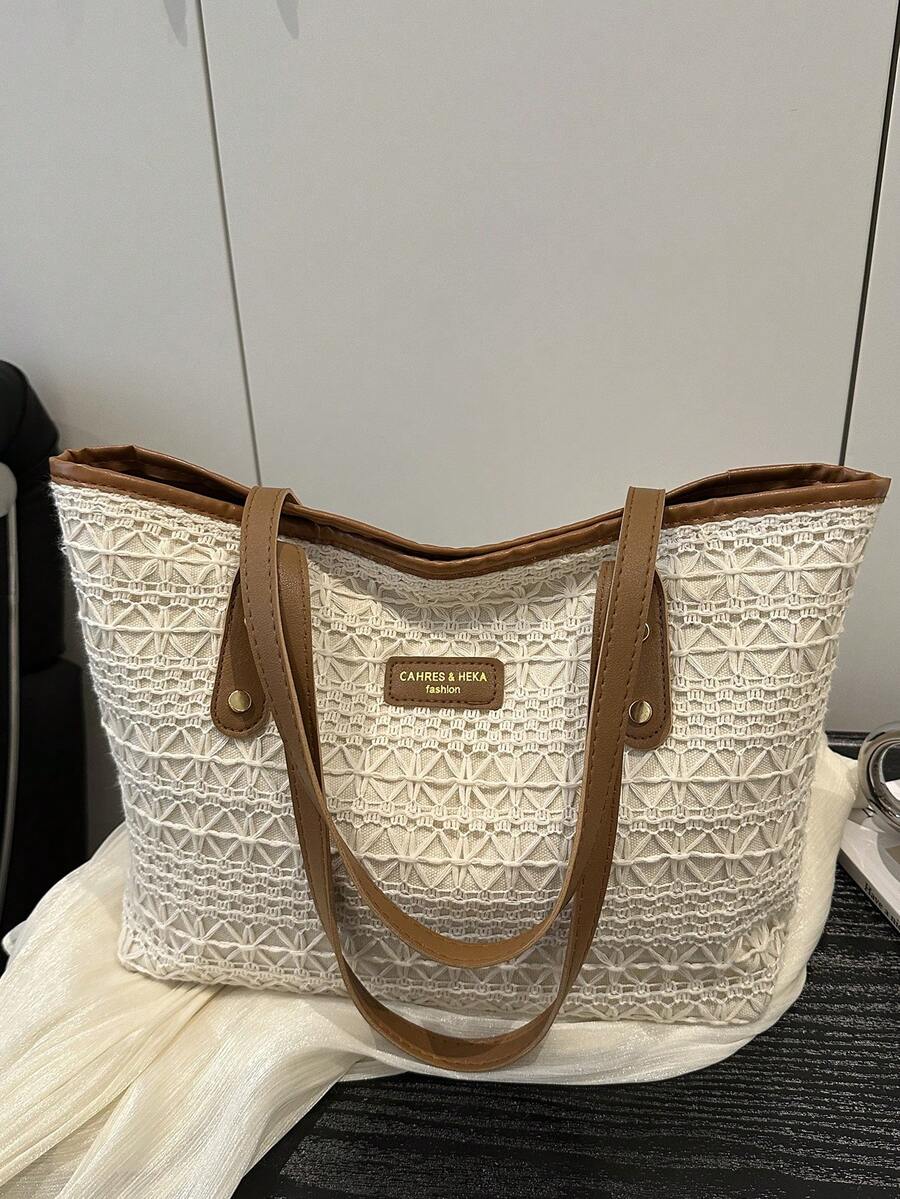 DAZY Túi đeo vai dệt phong cách Âu Mỹ cho nữ dung tích lớn đi làm, túi đeo chéo mùa hè, túi tote thời trang Colorblock cho bãi biển, mua sắm, đi chơi bình thường - màu nâu - Xem 1