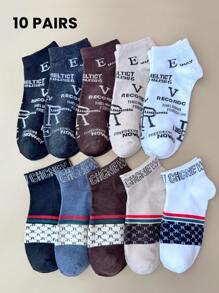 5 Pairs/10 Pairs Women Short Socks, Multi-Color Letter & Stripe Pattern, French Luxurious Retro Style, Fashion Versatile Ladies Socks For Spring & Summer