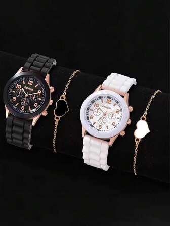 Set de 2 relojes de cuarzo de mujer con correa de silicona de moda, Geneva Watch, joyería con diseño de corazón (Sin caja)