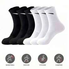 6 Pairs Unisex Black & White Mid-Calf/Crew Socks, Minimalist Design Comfortable Casual Socks Suitable For Daily Wear, Home, Travel, Sports, All Seasons