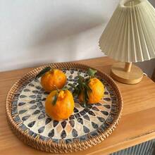 1pc Handmade Rattan Cutlery Tray, Round Rattan Tray, Snack Tray, For Table Decoration Placing Coffee, Bread,Fruit - Apricot - View 1