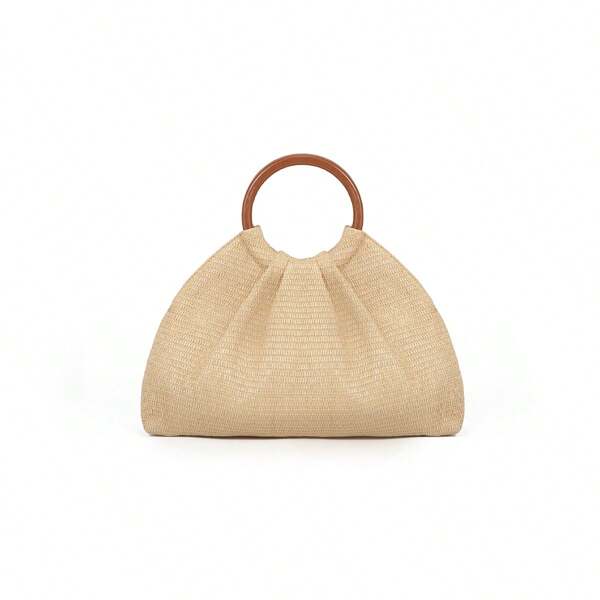 Woven Straw Tote Bag, Minimalist Design, Large Capacity, Round Handle, Ideal For Summer Vacation