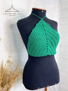 Cropped Crochet Summer 2024 Top Knitted Halter Beach Fashion Carnival Neon - Lá cờ xanh - Xem 4