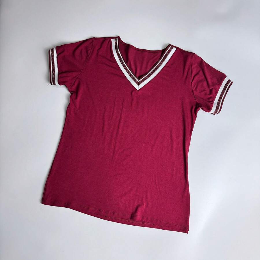 Women's V-Neck T-Shirt Blouse Summer Fashion Size M G Gg - 紫紅色 - 查看 1