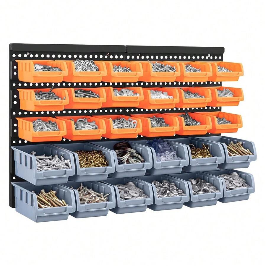 32Pcs Wall Mounted Storage Bins Backboard DIY Stackable Workshop Storage For Tools Hardwares Crafts 64 X 41cm Plastic Bin Panel Rack With Screws For Tool Shed Garage Workshop - Orange Gray - View 1