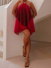 Women's Gradient Halter Mini Dress, Layered Ruffle Hem Dress For Summer Club Nights  Party Outings - 玫紅色 - 查看 6