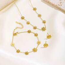 1 Set Stainless Steel Daisy Flower Necklace, Anklet And Earrings, Sweet And Fresh Jewelry Set Suitable For Women's Daily Commute Or Party Occasions, Also Great As Gift For Friends