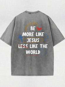More Like Jesus Printed Retro Washed T-Shirt, 230G, Cross Retro Street Style. Simple And Versatile, Pure Cotton Is Of High Quality, Novel And Fashionable, And It Is A Must-Have Fashion T-Shirt For Spring And Summer. - 灰色 - 查看 2