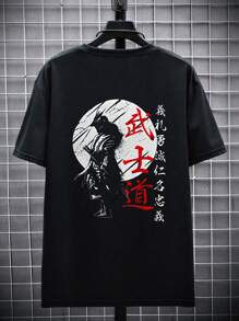 Camiseta casual de manga corta con cuello redondo y estampado gráfico de samurái, talla grande, para verano