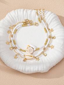 3 Pcs Summer Sea Beach Style Anklets Set , Starfish Shell Foot Chain Ankle Bracelets , Bohemia Boho White Seed Beaded Anklet Suitable For Beachy Travel , Party , Seaside Bikini Outfit Accessories - Multicolor - View 3