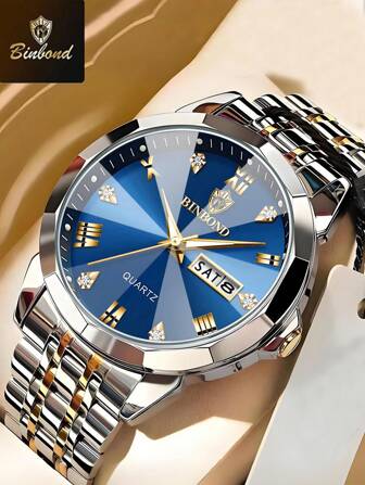  BINBOND 男士手表菱形镜面原装石英表男士防水夜光不锈钢腕表男日期星期