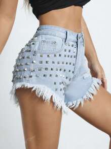 Women's Fashion Frayed Hem Rivet Embellished Personalized Street Patchwork Ripped Casual Denim Shorts, Summer