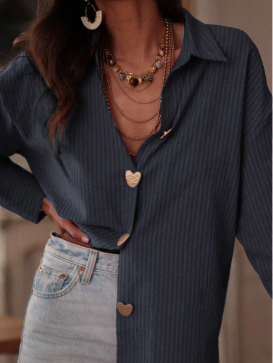 Loose Silhouette | Minimalist Commuter Style Pink Striped Casual Shirt, Gold Heart Shaped Button Design, Flattering Tailored Fit Suitable For Work, Leisure And Dates Wedding Black Spring Party - Black - View 1