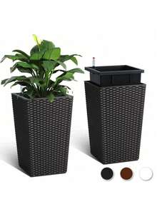 Huisuilinss Tall Planter Set Of 2,Large Flower Pot,Tapered Planter,Outdoor Indoor Plant Pots With Water Level Monitor & Wheels,2 Trays For Patio Porch Living Room Home Office - màu nâu - Xem 2