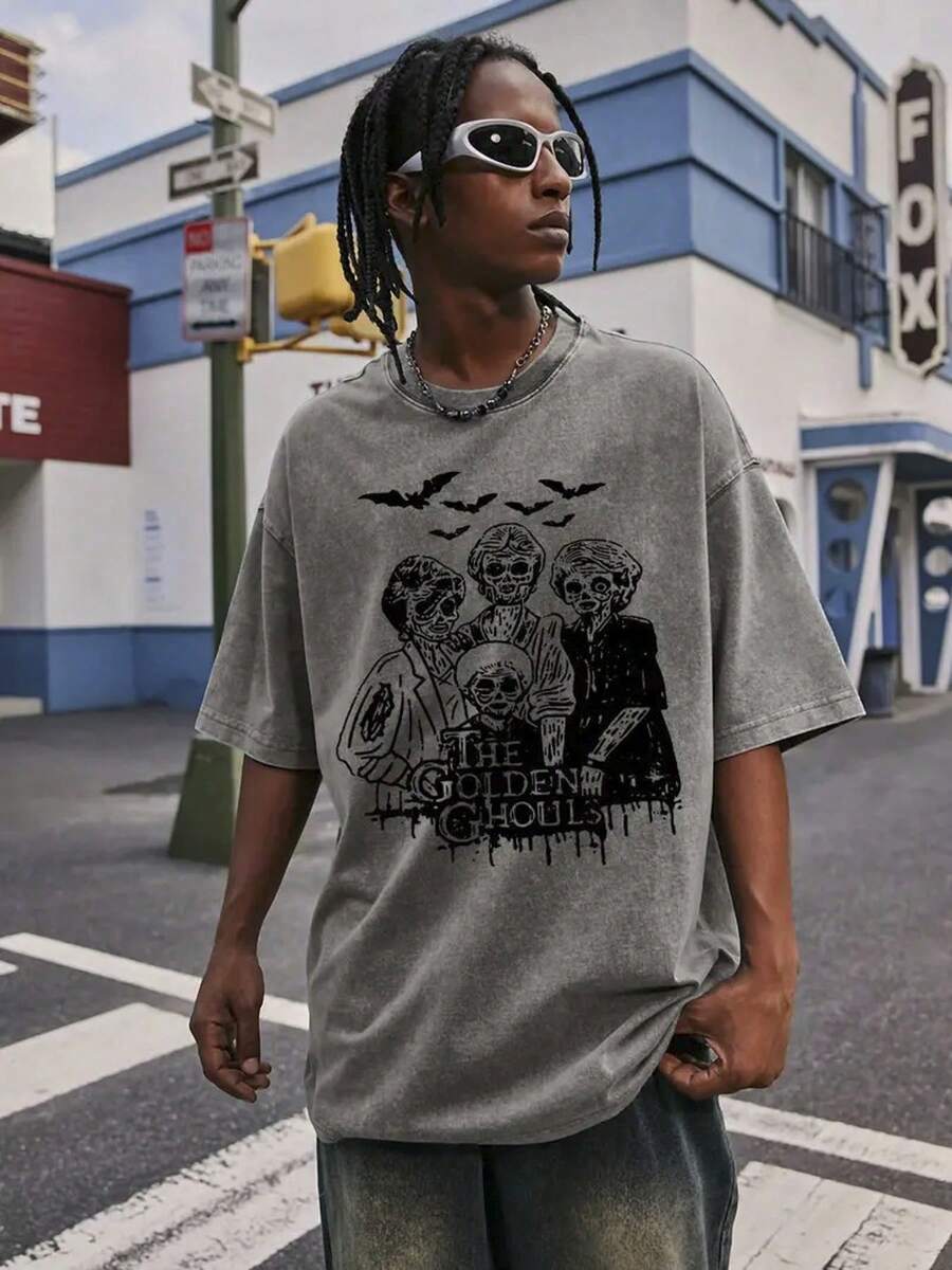 Summer T-Shirt, 230G Washed T-Shirt, "Halloween Coffee", Printed T-Shirt With Pattern, Wax Printed Cotton Thickness, Outdoor Activities, Great Gift Item W - 深灰色 - 查看 1