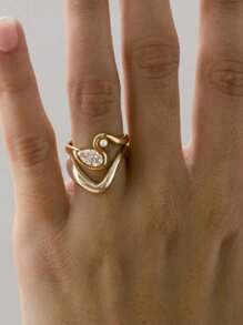 1 pieza Anillo con forma de gota de agua de línea geométrica con perla y circonita, anillo de oro ligero y lujoso de cobre, adecuado para uso diario, citas, fiestas, playa, boda, anillo de compromiso, joyería de boda, regalo de joyería