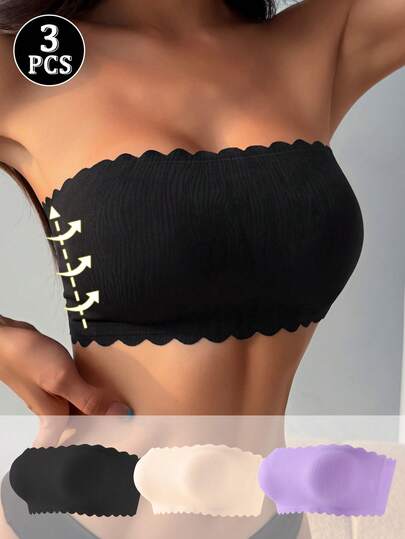 3pcs Pack Casual Comfy Minimalist Wireless/No Underwire Removable Padded Bandeau Bra For Women