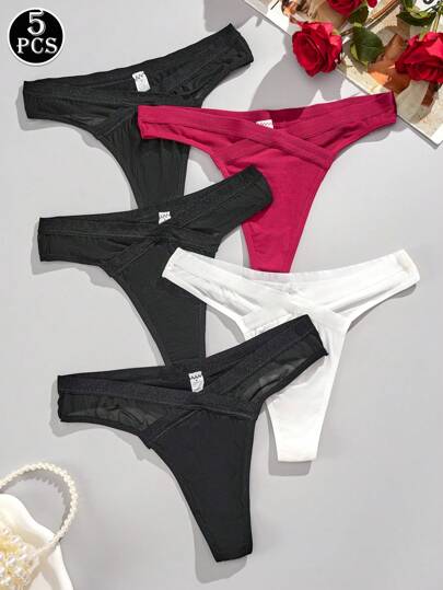 5Pieces Women's Panties Sexy Thong Seamless T Back V Panties Ladies Solid Color Low Cut Lingerie