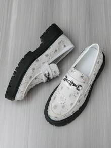 Men's Loafers Denim Distressed Decor British Style Formal Shoes, Casual White Dress Shoes