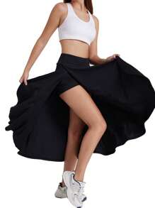 Women's 2-In-1 High Waist Split Sports Skirt With Inner Shorts Pockets, Lightweight & Stretchy For Active Wear-Casual Solid Color Sports Skort, Women's Activewear.