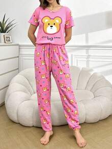 Set de pijama 3 piezas para mujer con pantalón largo, short y blusa crop, estampados variados, ropa ligera para dormir o casa, ideal para verano - Rosa Fucsia - Ver 4
