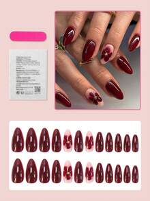 24pcs Medium Almond-Shaped Ombre Red Nail Stickers, Decorated With Red Flowers And Gold Beads, Vintage Full Coverage Style, Suitable For Women, Girls For Daily, Date, Office, Home, Party, Summer Nails Nail Supplies - Red - View 2