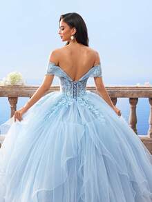 HEARBOBO 浅蓝色蕾丝贴花奢华舞会礼服，优雅新娘婚纱，毕业典礼、度假、圣诞派对皆宜 - 淺藍色 - 查看 10