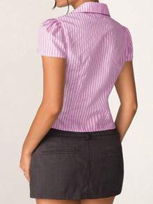 Women's Summer Casual Button-Down Slim Waist Top Shirt Short Sleeves Suitable For Summer Formal Occasions - 粉色 - 查看 2