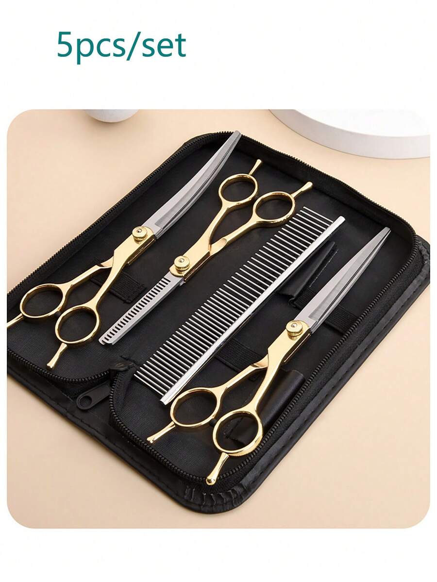 1 Set Professional Pet Grooming Scissors, Left-Handed & Right-Handed, Suitable For Small & Large Pets, Curved Scissors, Straight Scissors, Thinning Scissors, High-Quality Stainless Steel - Multicolor - View 1