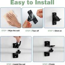 6-Pack No Drill Needed Curtain Rod Holders, Self Adhesive Rod Brackets, Multipurpose Nail Free Stick On Curtain Rod Hooks, Curtain Hangers For Bathroom, Bedroom, Livingroom - 黑色 - 查看 8