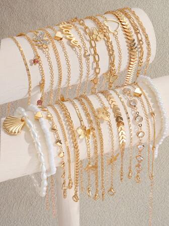 1/4/13/14pcs Fashion Elegant Boho Shell, Butterfly, Star, Infinity Heart, Love, Gold Tone Anklet Set For Women, Summer Beach Holiday Party Gift, Daily Wear