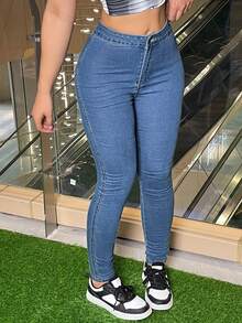 女士简约日常窄脚紧身裤 - 淺色水洗藍 - 查看 5