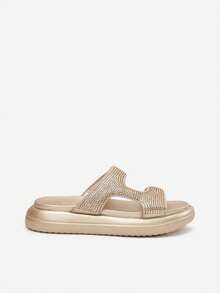 女士时尚百搭休闲水钻装饰拖鞋，夏季 - 金色 - 查看 7