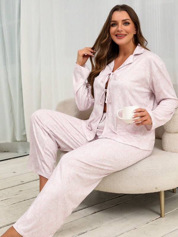 Plus Size Women Lilac Tie-Up Long Sleeve Button-Up Shirt And Long Pants Pajama Set