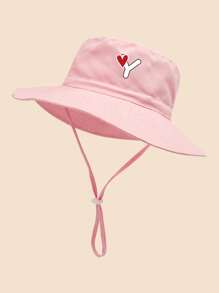 1 pezzo Cappello da sole per bambini con stampa a cuori e lettere, con cordino regolabile antivento, stile casual, cappello secchiello per neonati, adatto per attività all'aperto, spiaggia, protezione dal sole