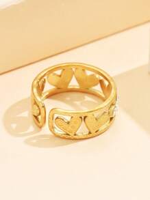 1 pieza Anillo abierto ajustable con hermosas piedras de diamante, anillo de acero inoxidable con forma de corazón, chapado en oro de 18K, joyería multiusos para mujer, para uso diario