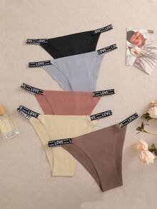 5pcs/Set Ladies' Seamless Letter Waistband Breathable Comfortable Triangle Panties - Multicolor - View 3