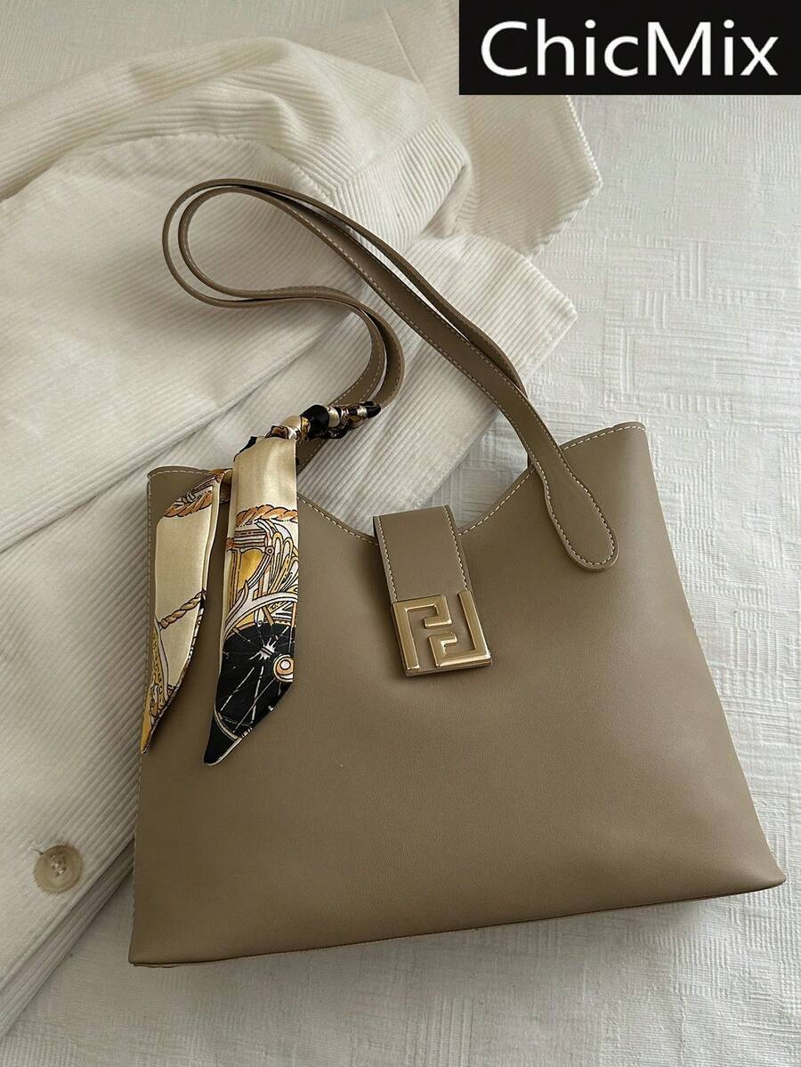 1pc PU Shoulder Bag With Scarf Decor, Large Capacity, Lightweight And Versatile, Suitable For Commuting