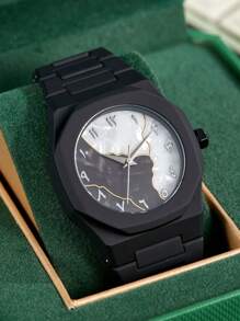 1 pieza Reloj de pulsera de cuarzo clásico y creativo para hombre, de estilo casual de negocios en azul, negro y rosa, con diseño de números arábigos y dibujos animados, adecuado para la oficina, deportes, cumpleaños, regalo para días festivos
