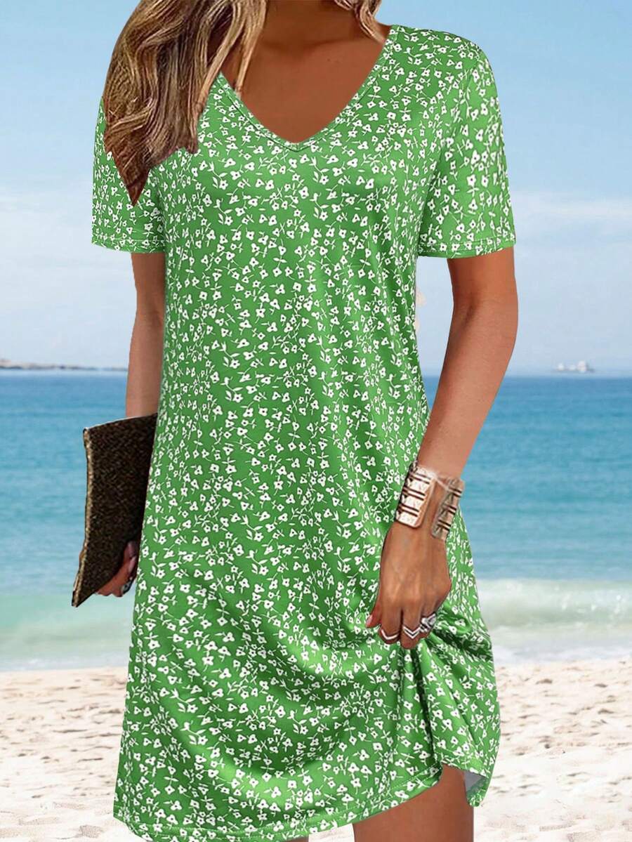 轻盈优雅的印花碎花迷你连衣裙，百搭休闲、沙滩、度假、办公和家居服饰，适合女性，春夏时尚