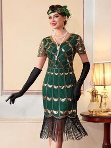 Vestido de fiesta con flecos y lentejuelas de estilo vintage de los años 20 - Verde - Ver 2