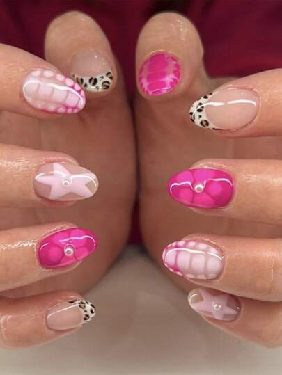 24pcs Short Almond-Shaped Press On Nails, French Hot Girl Leopard Print Star Summer Nails, European And American Sweet And Cool Style, Suitable For Women And Girls' Daily Life, Travel And Parties
