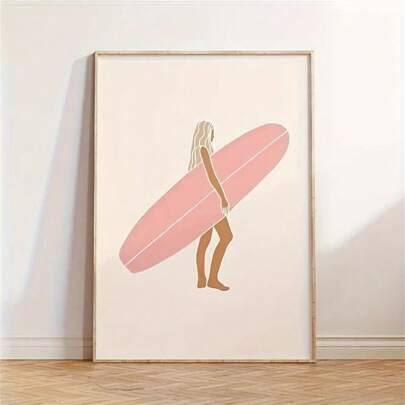 1 pieza Impresión artística tipo Boho de chica surfista - Decoración de surf con inspiración vintage con silueta de tabla de surf rosa, arte de pared minimalista de temática costera para el hogar, dormitorio, sala de estar, oficina en casa o baño, póster de lienzo, opción de marco con temática de playa