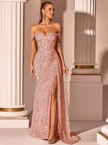 ADYCE 闪亮心形领口褶皱腰身长款缎面系带前开衩露背派对礼服，亮片圣诞派对正式礼服 - 淺粉色 - 查看 9