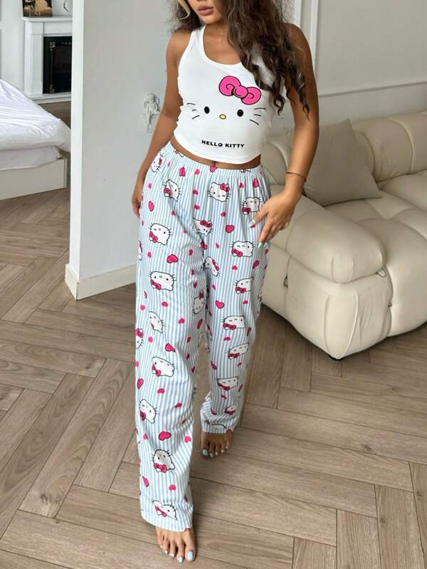 Sanrio 2 pièces Ensemble pyjama femme avec Top court sans manches et pantalon à taille élastique motif hello kitty