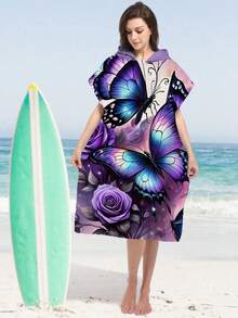 1pc Butterfly & Floral Pattern Hooded Cloak Robe, Lightweight Wearable Beach Towel For Surfing, Swimming, Bathing, Outdoor Sports, Adult Hooded Towel Robe Back To School - Multicolor - View 8