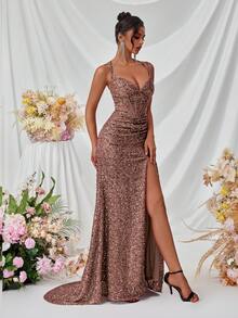 ADYCE 女士吊带深V领前开衩露背系带正式长裙，适合派对、盛会、正式晚宴、婚礼宾客、毕业典礼等场合，优雅正式，亦可作为圣诞派对礼服或感恩节服装。 - 藕粉色 - 查看 7